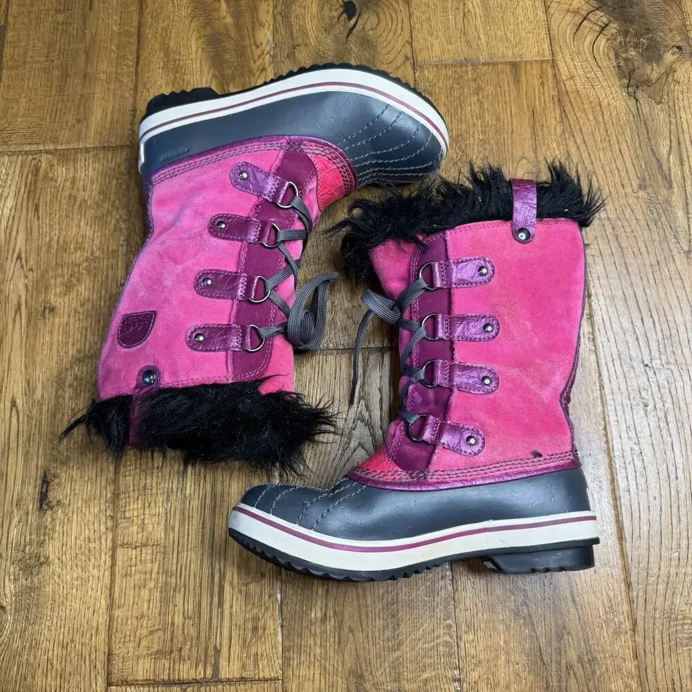 Girls Sorel Pink Suede Snow Boots Tofino Muck Funky Faux Fur Trim Size 3 Youth